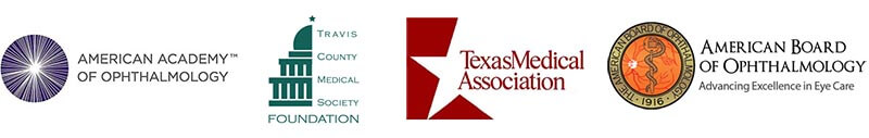 Logos of American Academy of Ophthalmology, Travis County Medical Society Foundation, Texas Medical Association, and American Board of Ophthalmology